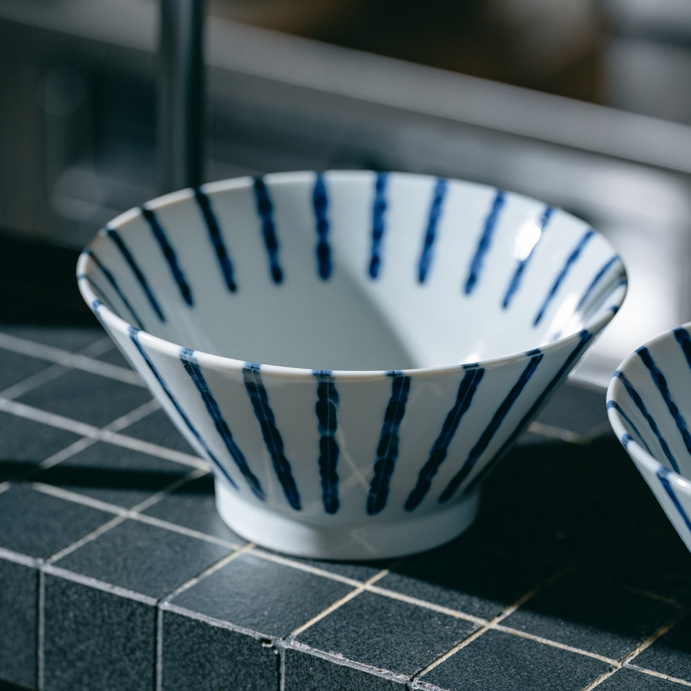 Set of two white and blue Japanese ramen bowls