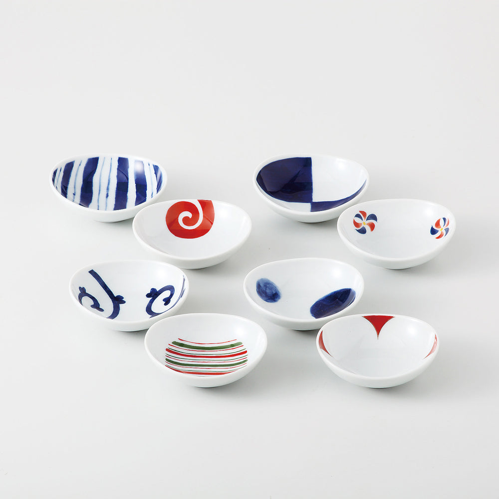 Coupelles en porcelaine japonaise – 8 motifs indigo & vermillon