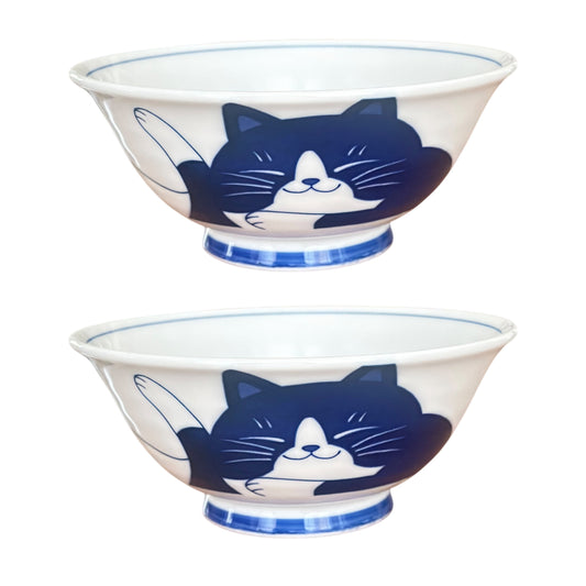 White cat pattern porcelain ramen bowls Ø19 cm generous – set of 2