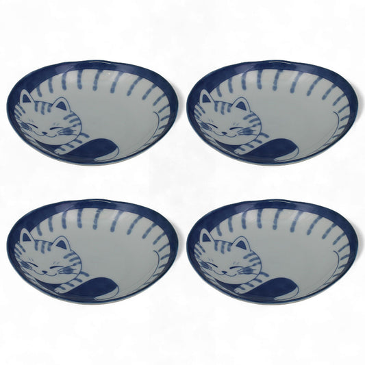 Assiette ovale chat bleu en porcelaine de Toki, Japon – set de 4