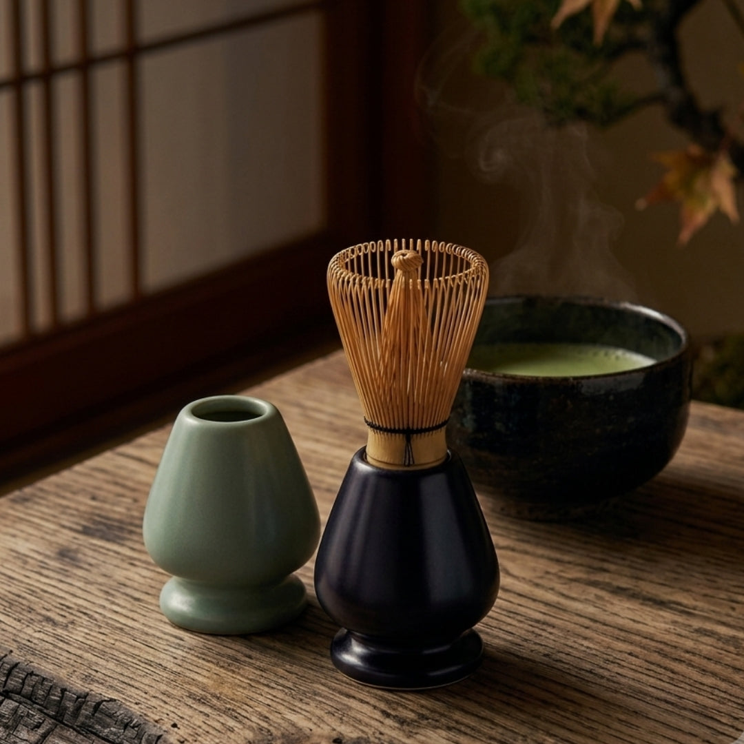 Repose fouet à matcha en céramique avec chasen sur table japonaise