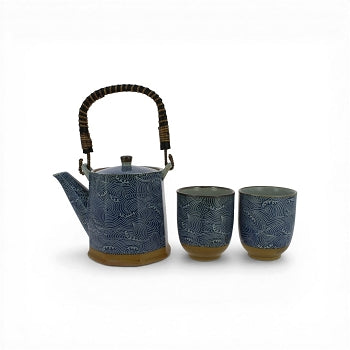 Set théière japonaise Aranami bleu indigo avec deux tasses texturées