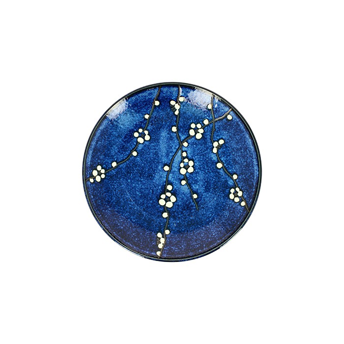 Set de 2 assiettes Yugen lab en céramique bleue avec motif de fleurs de cerisier blanc, style traditionnel japonais