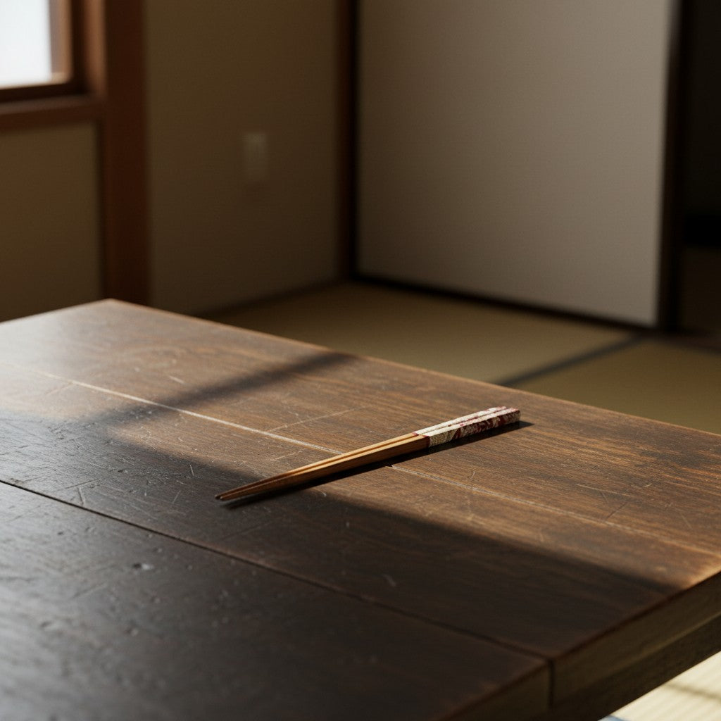 Paire de baguettes japonaises Yugen lab en bois avec motifs floraux rouges et blancs sur une table en bois