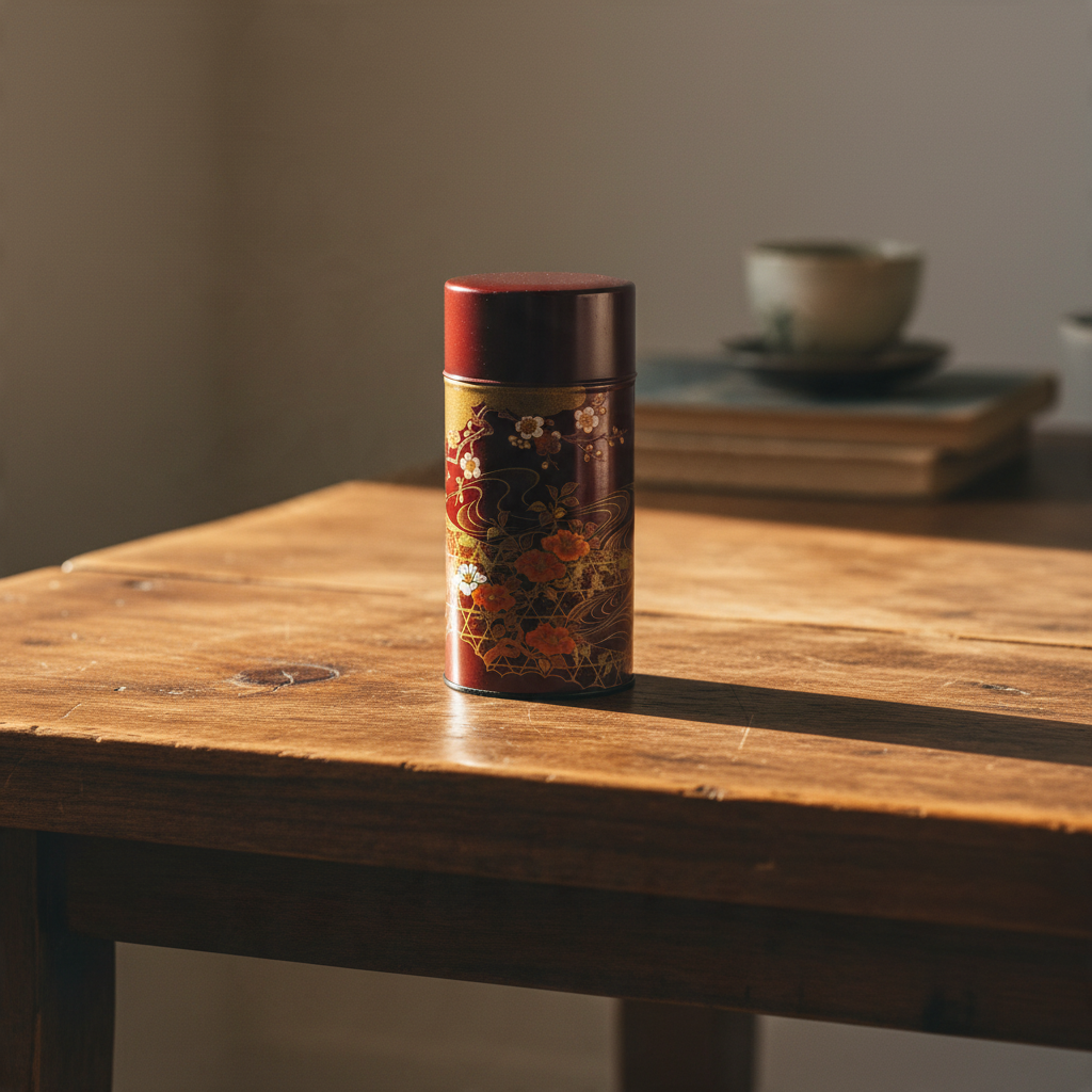 Boîte à thé Yugen lab bordeaux en fer blanc avec motifs floraux dorés et orangés, posée sur une table en bois.