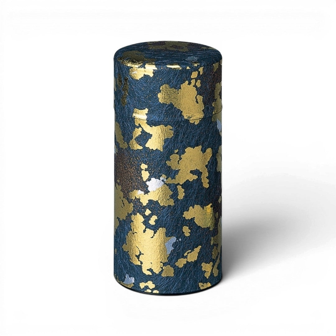 Boîte à thé japonaise Yugen lab cylindrique bleu outre-mer et doré en papier japonais et fer blanc