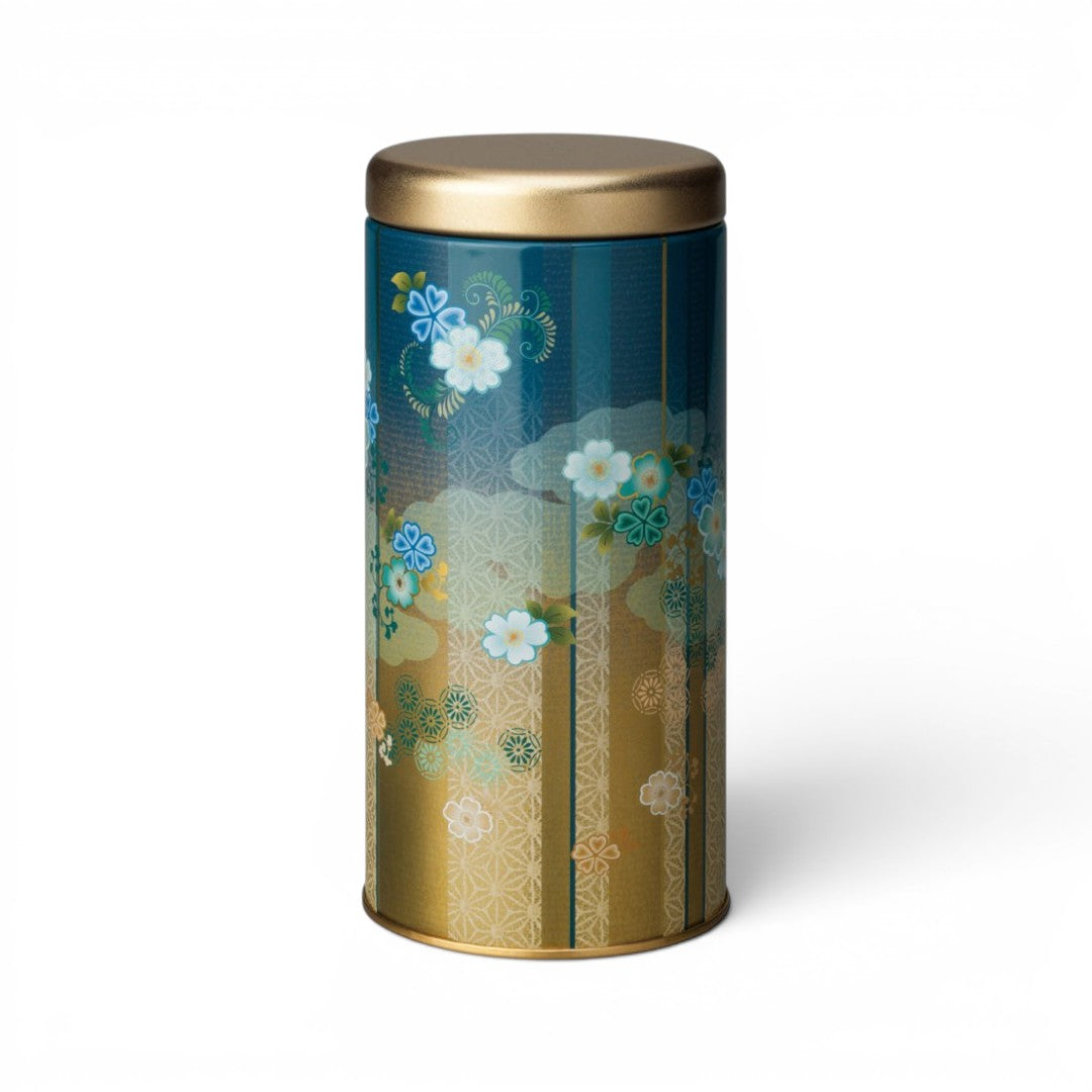 Boîte à thé Yugen lab en métal bleu et doré de 200g avec motifs floraux japonais traditionnels et couvercle hermétique