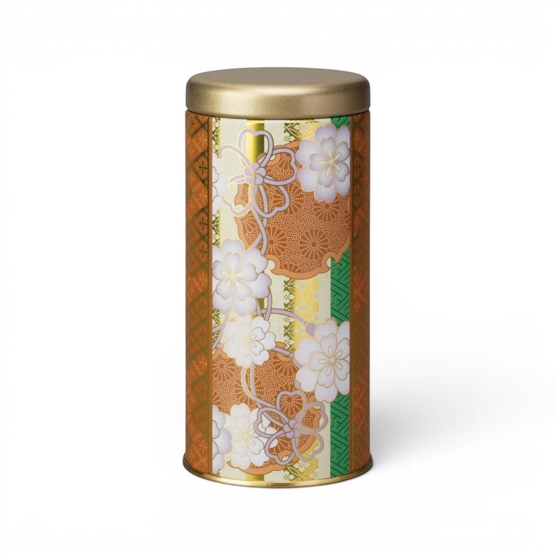 Boîte à thé japonaise Yugen lab en métal orange avec motifs floraux délicats et couvercle hermétique doré
