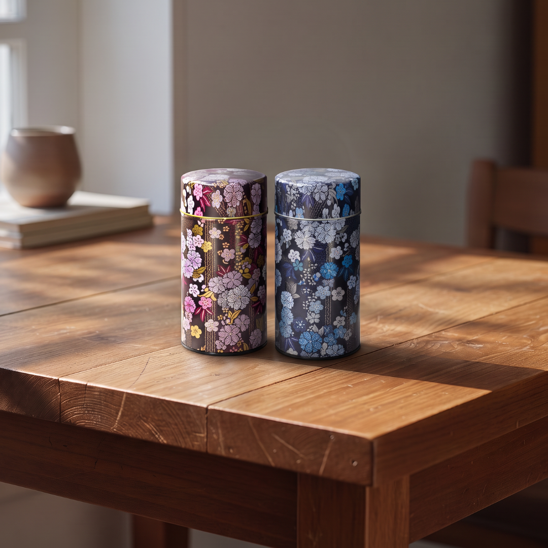 Deux boîtes à thé Yugen lab en fer blanc à motifs floraux japonais, posées sur une table en bois.