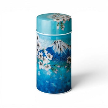 Boîte à thé Yugen lab en fer blanc cylindrique illustrée du mont Fuji et de fleurs dans des nuances de bleu