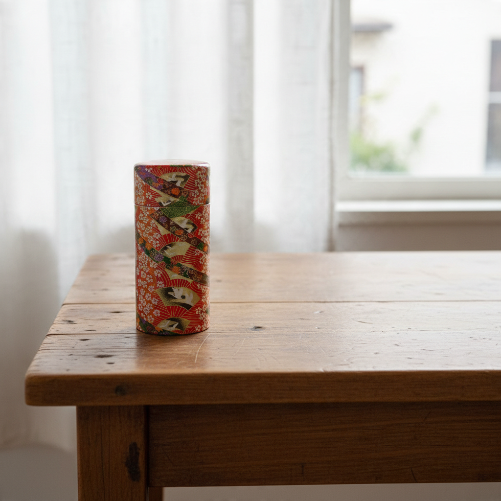 Boîte à thé Yugen lab rouge en fer blanc et papier washi avec motifs d'éventails japonais sur une table en bois