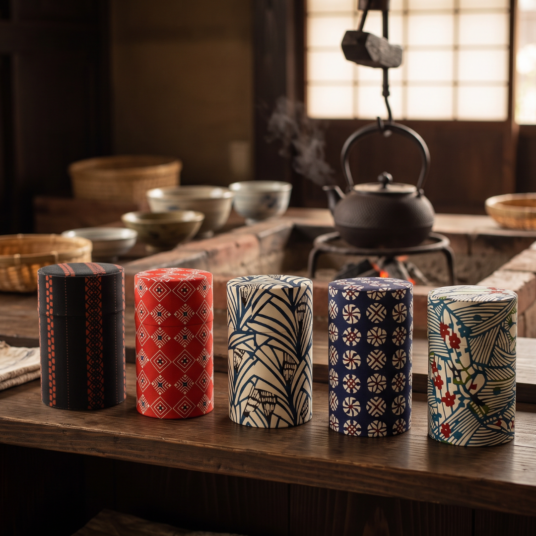 Cinq boîtes à thé Yugen lab en fer blanc et papier washi avec motifs japonais traditionnels sur une table en bois