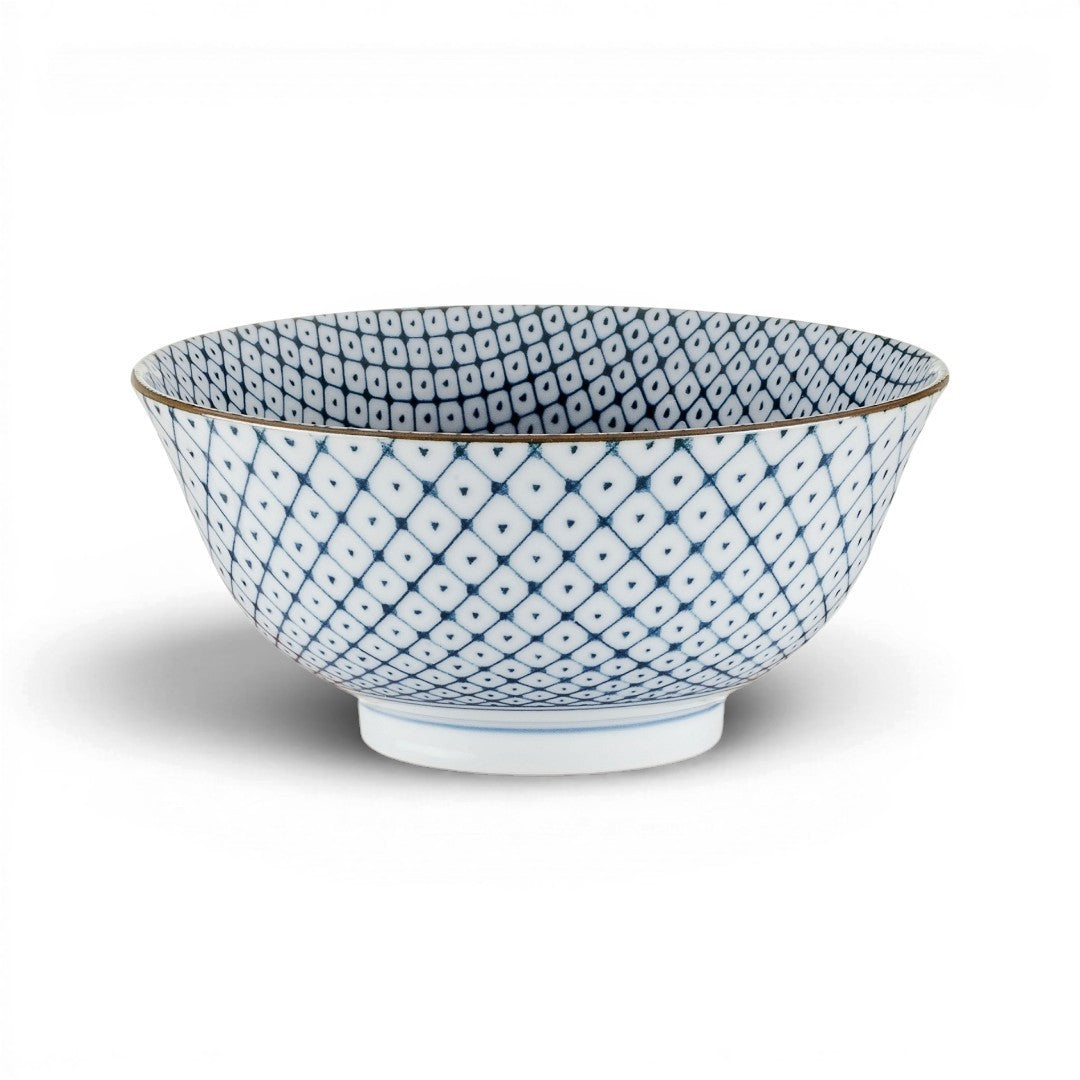 Bol à ramen Yugen lab en porcelaine et céramique blanche avec motif géométrique à pointillés bleus