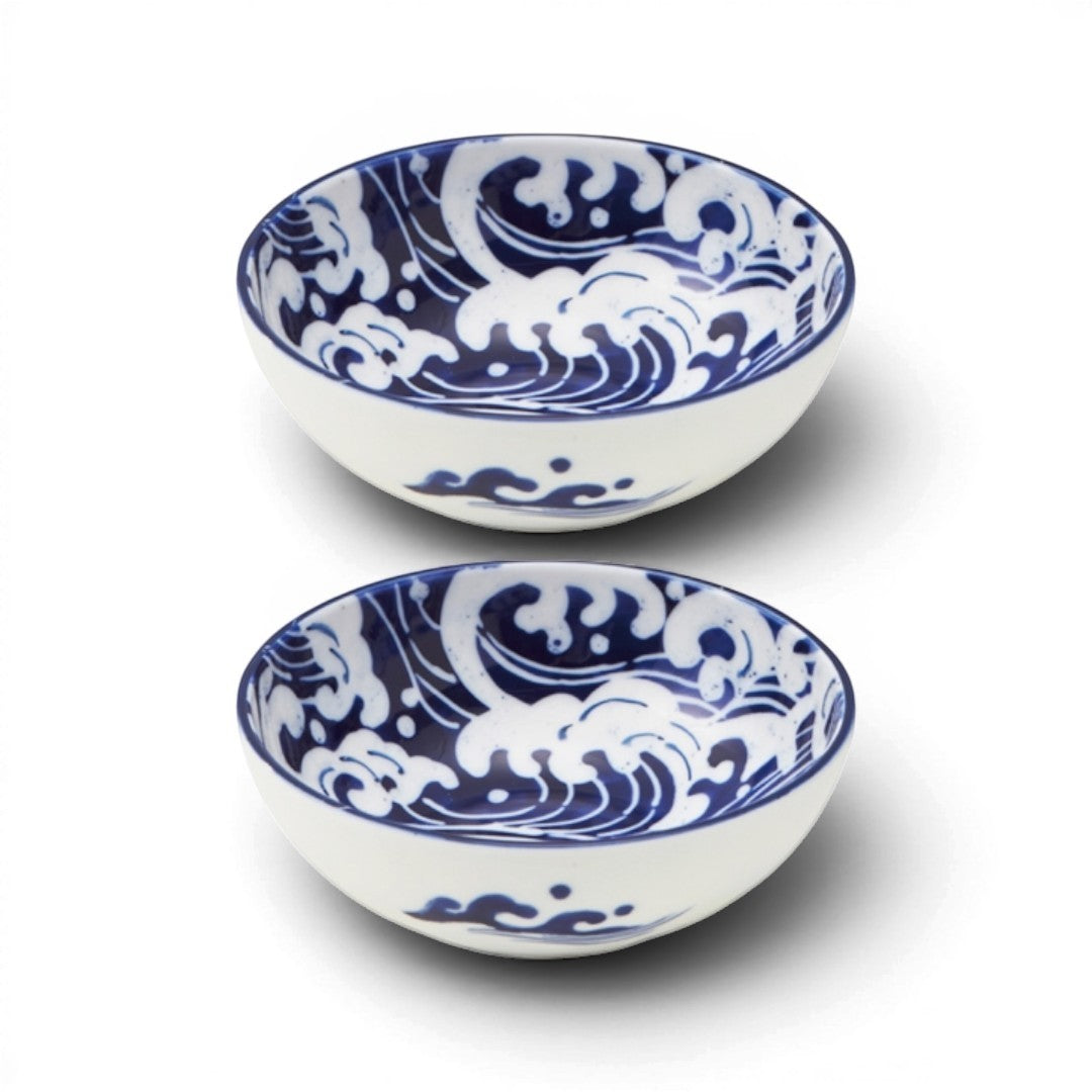 Set de 2 bols japonais Yugen lab en céramique blanche et bleue avec motif de vagues Hokusai évasés