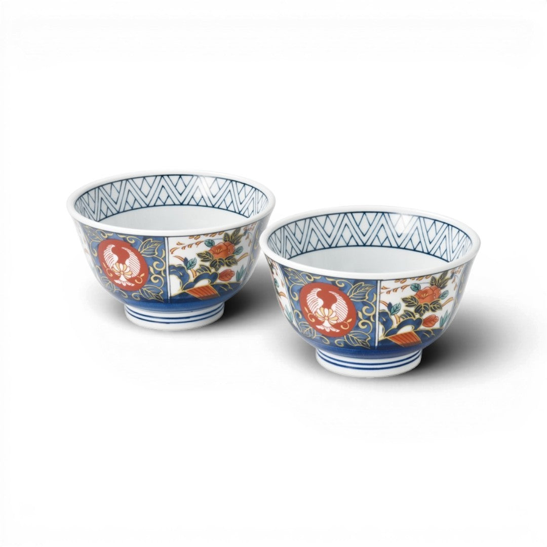 Set de 2 bols japonais Yugen lab en porcelaine avec motifs floraux rouges et bleus et motifs géométriques internes