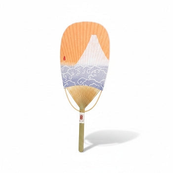 Éventail japonais Yugen lab Yama en papier et bambou avec motif mont Fuji rouge et nuages mauves stylisés