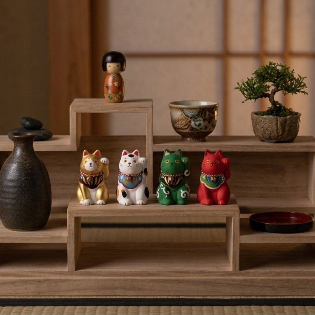 Quatre figurines Maneki Neko Yugen lab en céramique colorée sur une étagère en bois avec une poupée Kokeshi et un bonsaï.
