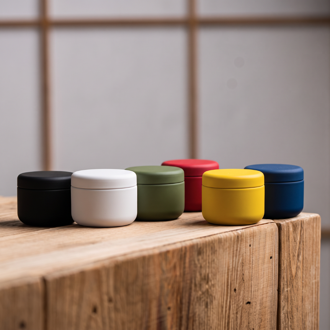 Six mini boîtes à thé Yugen lab en fer blanc mat, aux couleurs variées, alignées sur une table en bois brut.