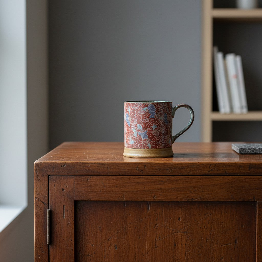 Mug en céramique Yugen lab rouge avec motif éventail traditionnel japonais posé sur un meuble en bois ancien
