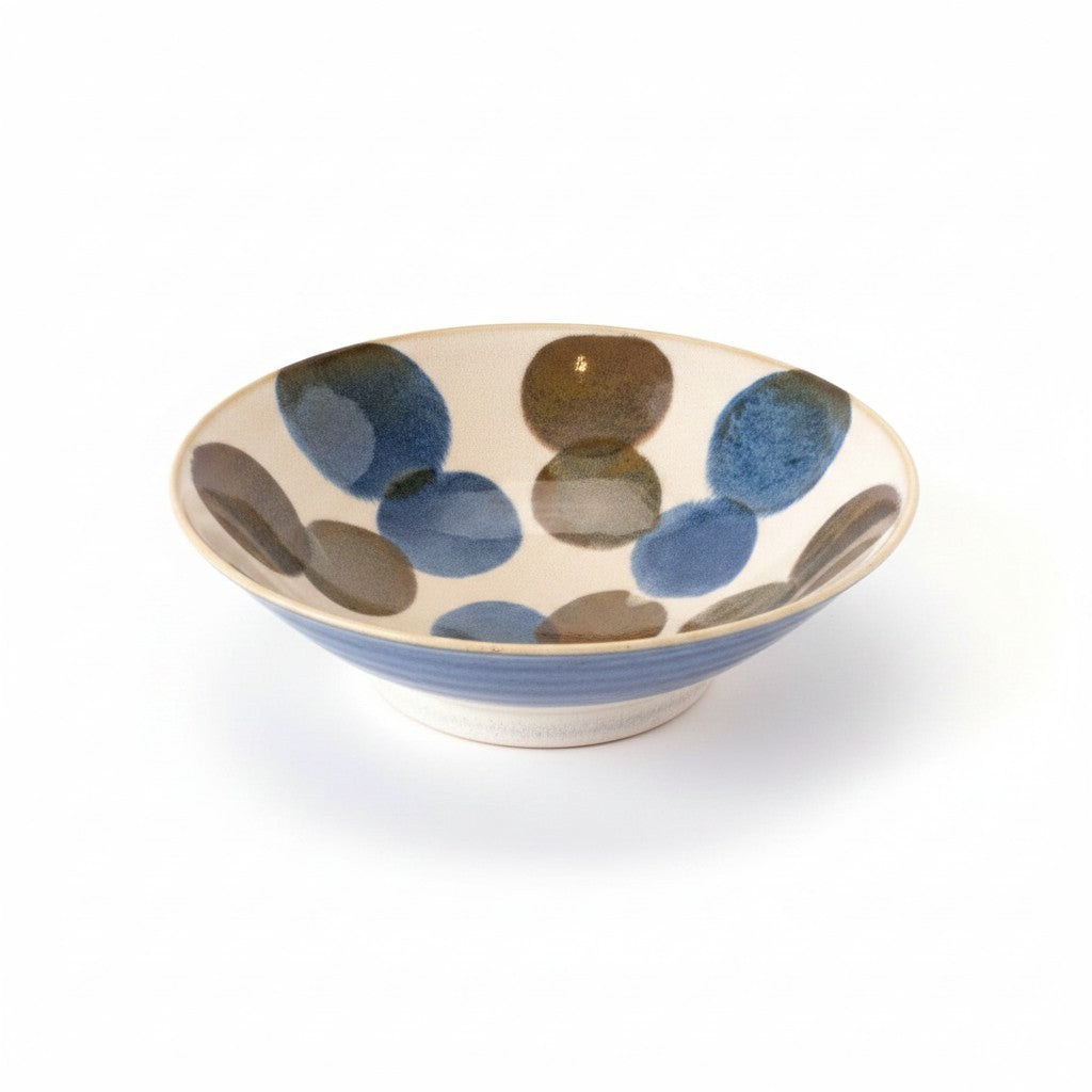Saladier Yugen lab en porcelaine japonaise blanc avec motifs de cercles bleus et marrons peints à la main