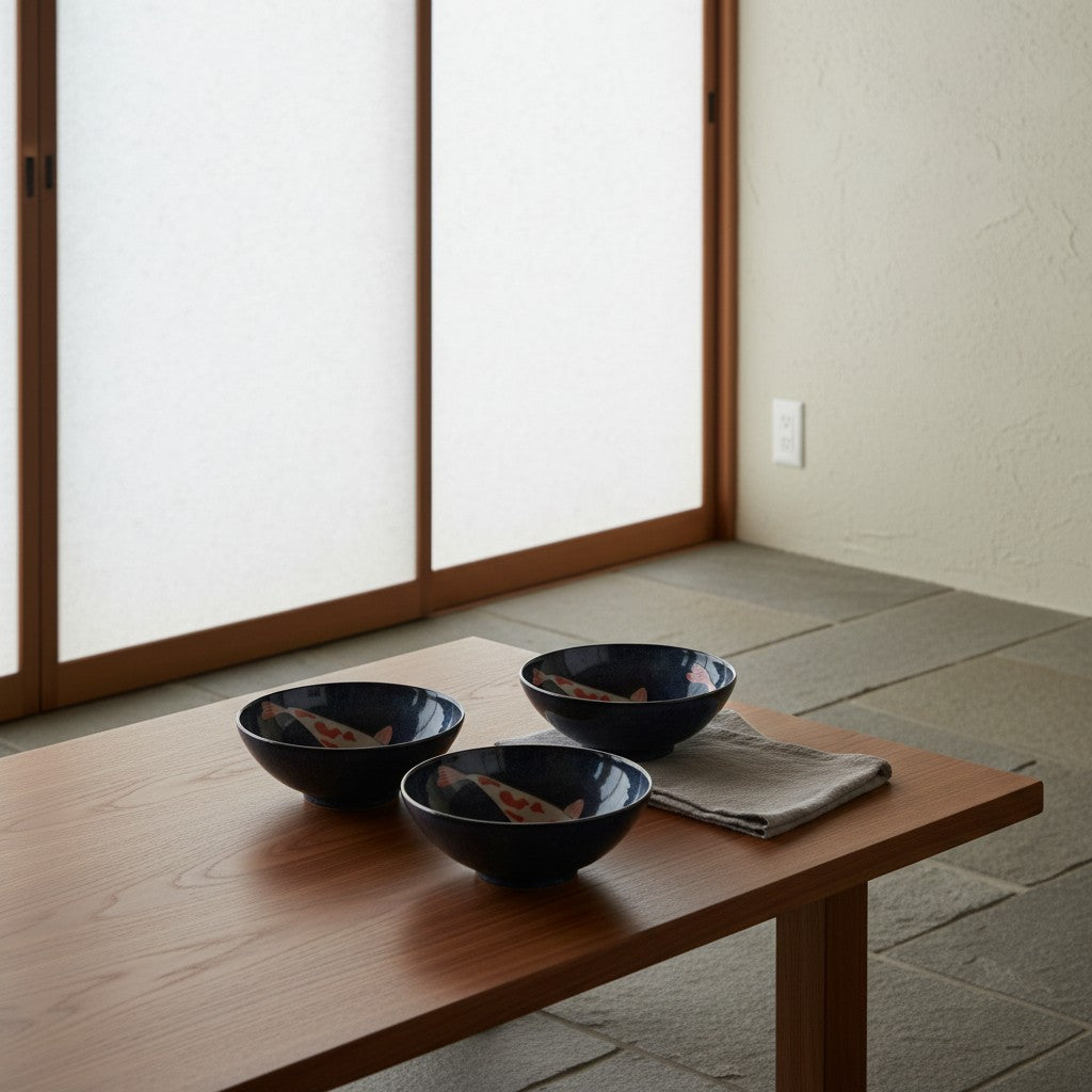 Set de trois saladiers Yugen lab en céramique bleu indigo avec motifs de poissons koï sur une table en bois