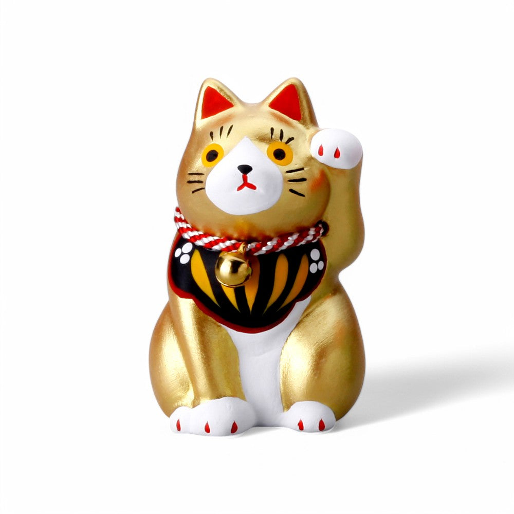 Maneki Neko japonais doré en céramique avec grelot