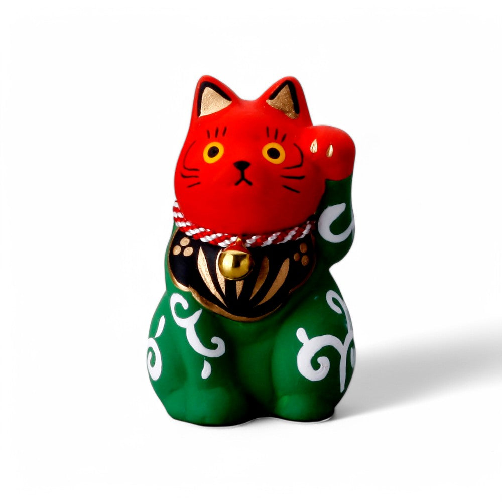 Maneki Neko vert et rouge avec motif Karakusa