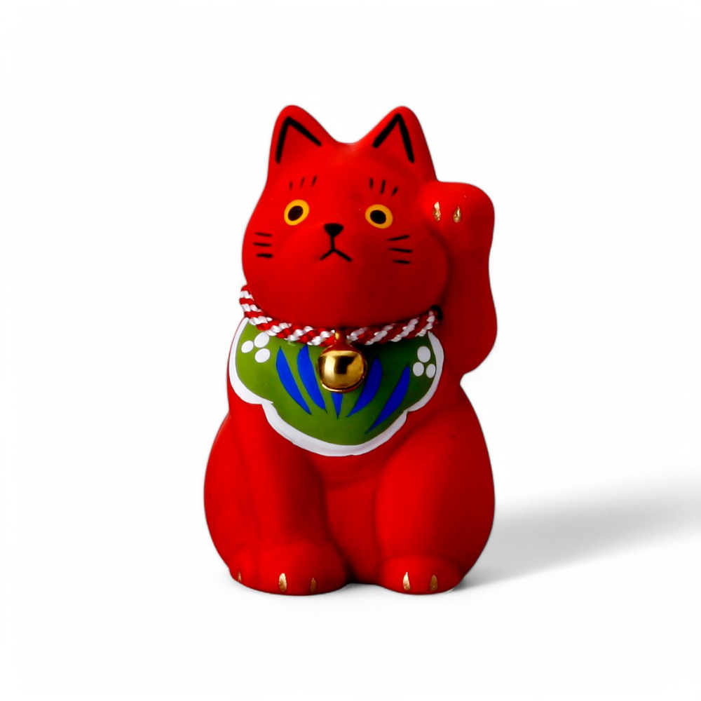 Petit chat porte-bonheur japonais rouge en céramique