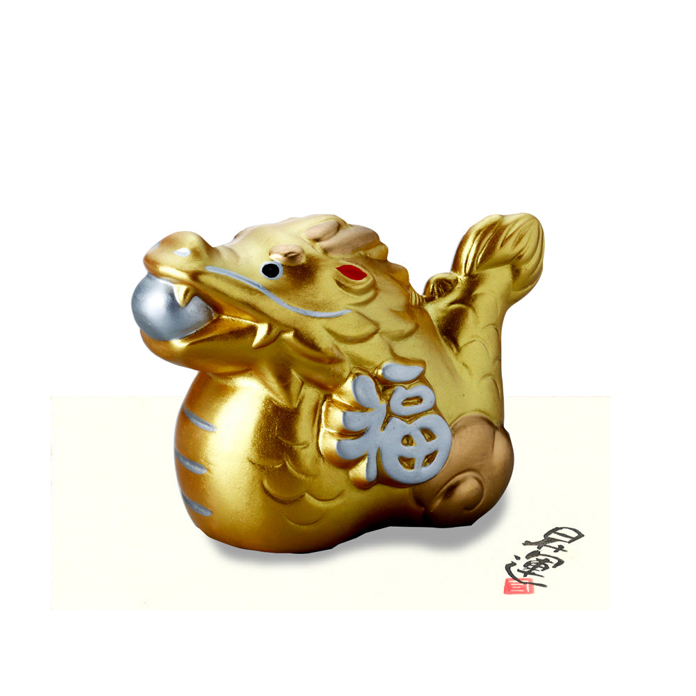 Figurine dragon doré japonais en porcelaine