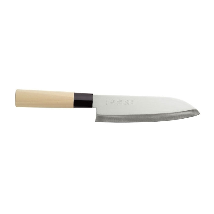 Couteau Santoku japonais 165 mm en acier inoxydable avec manche en peuplier sur fond blanc.
