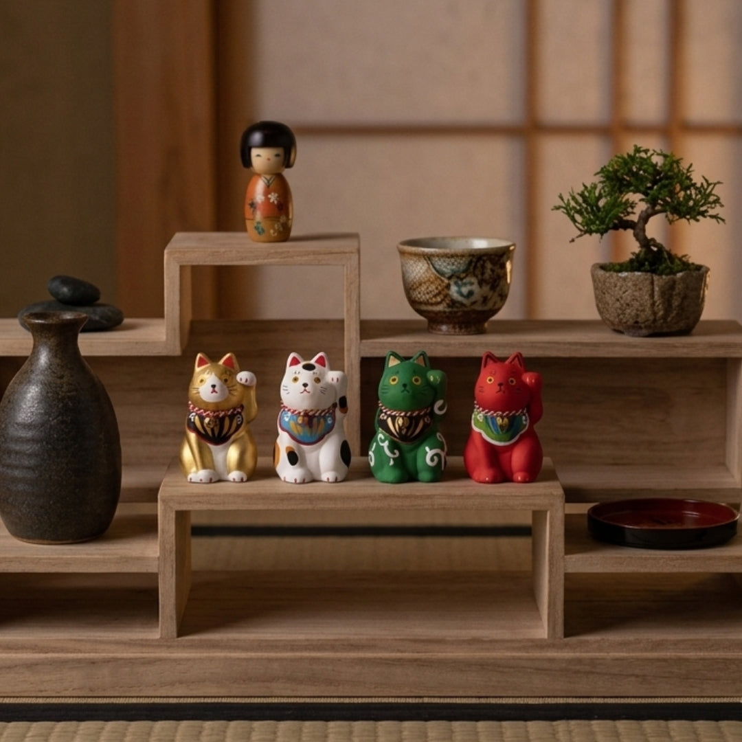 Collection de Maneki Neko japonais sur étagère en bois zen