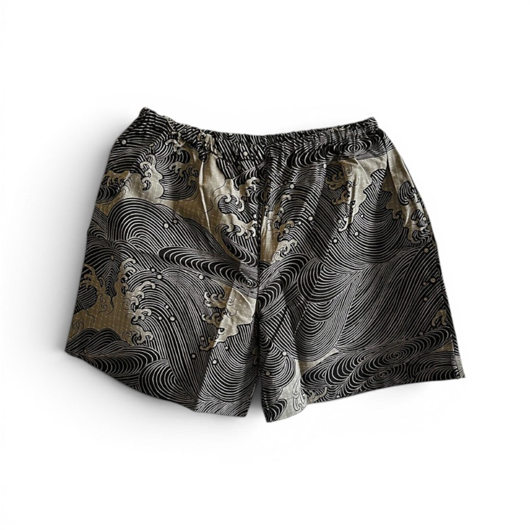 Short japonais noir et beige motif vagues abstraites
