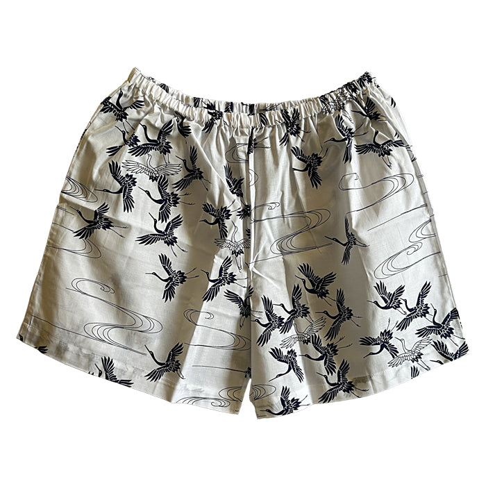 Short japonais noir motifs grues et vagues blanches