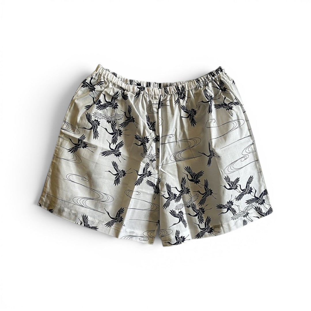 Short japonais noir motifs grues et vagues blanches