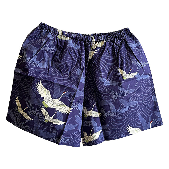Short japonais bleu indigo avec motifs grues Tsuru