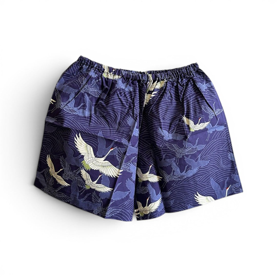 Short japonais bleu indigo avec motifs grues Tsuru