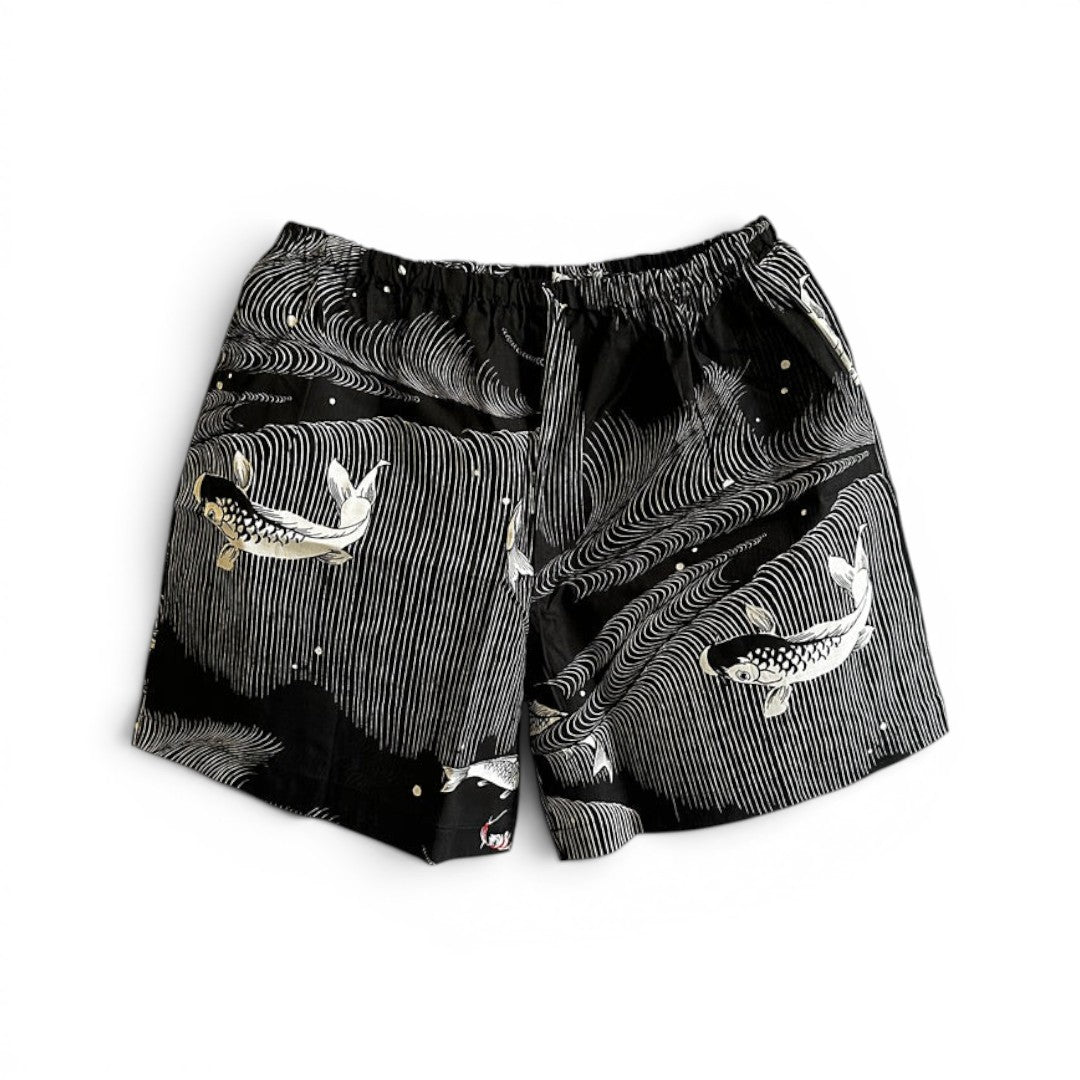 Short japonais motif poisson koï noir et blanc