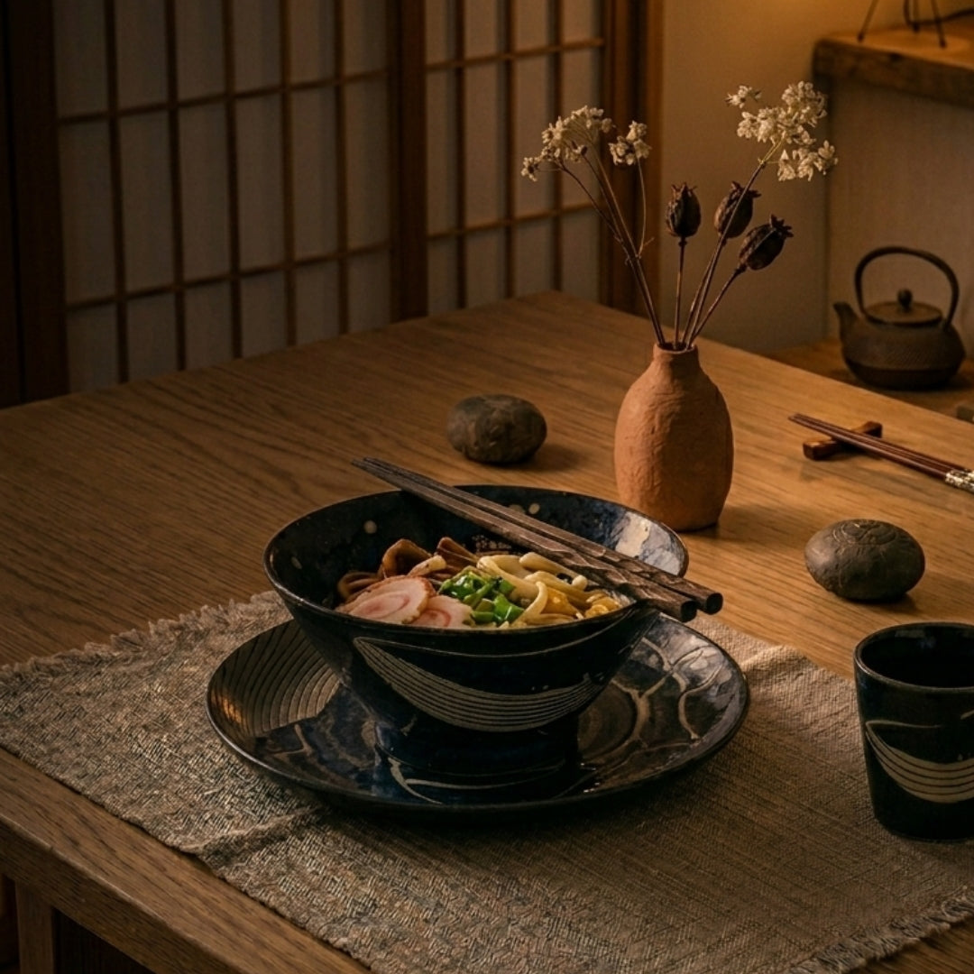 Assiette en porcelaine japonaise bleu profond avec motif baleine stylisée