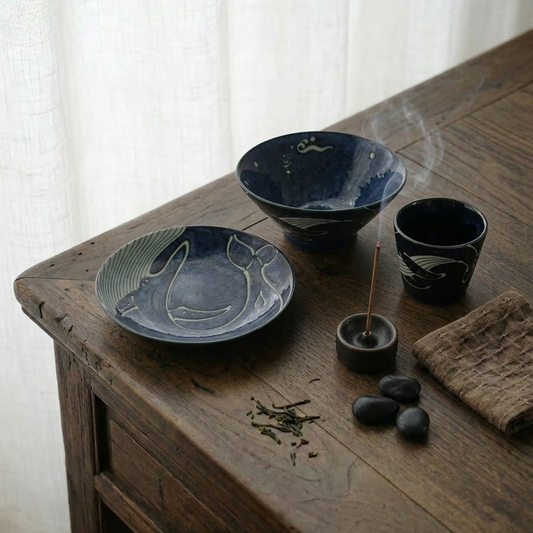 Bol ramen baleine bleu profond en porcelaine japonaise