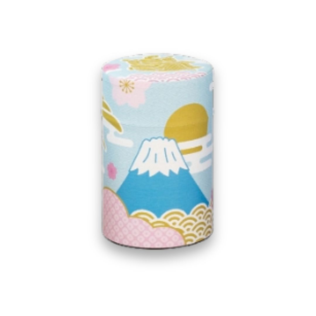 Boîte à thé japonaise Fuji-Kotobuki bleu ciel et rose avec motif Mont Fuji