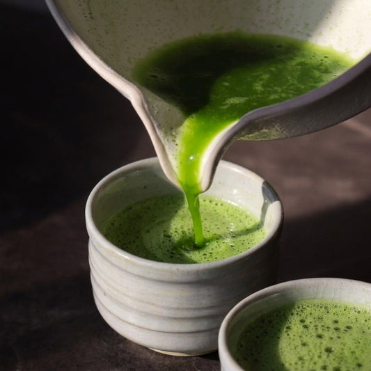 Matcha versé dans un bol japonais Shirokobiki en céramique claire