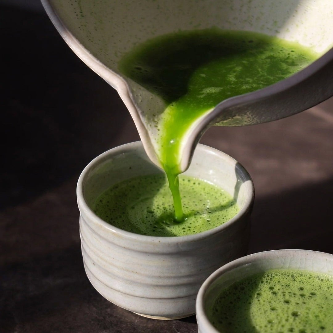Matcha versé dans un bol japonais Shirokobiki en céramique claire
