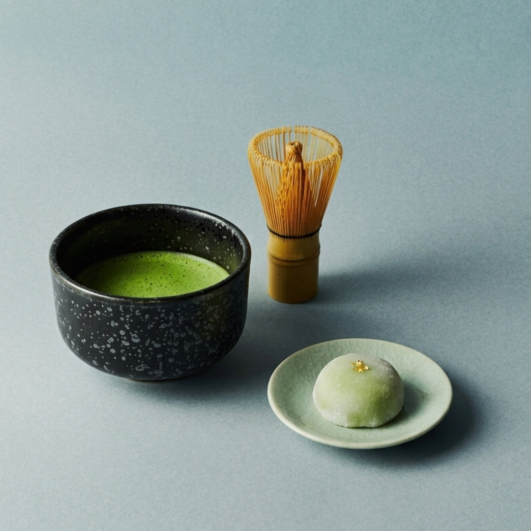 Petit bol matcha japonais noir brut avec fouet bamboo