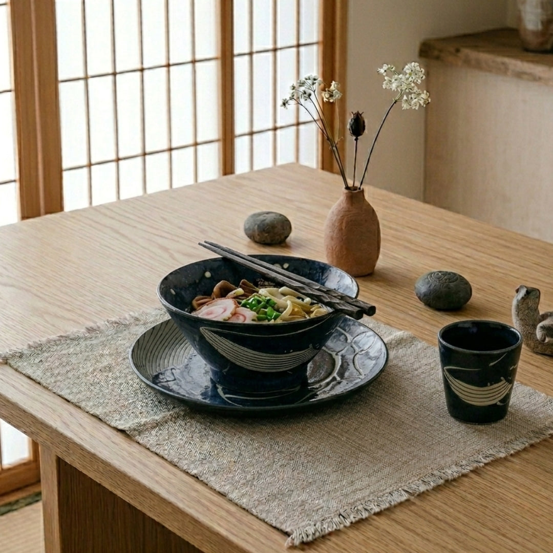 Bol ramen baleine bleu profond présenté sur une table japonaise avec nouilles