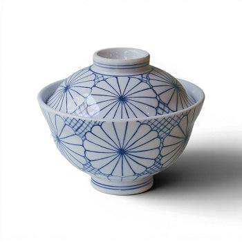 Donburi en céramique blanche motif grande fleur bleue avec couvercle
