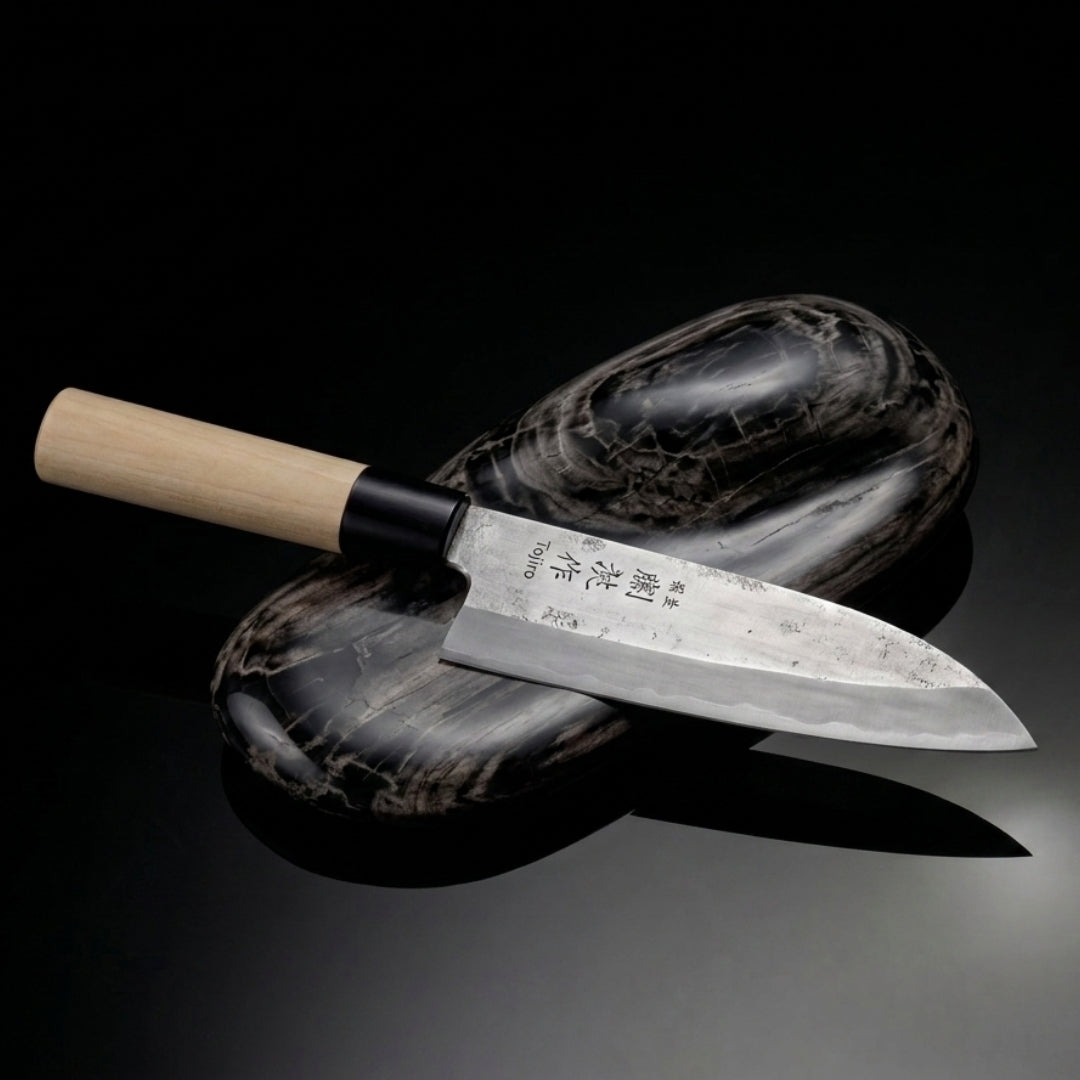 Couteau Santoku japonais à lame de 165 mm et manche en peuplier présenté sur un support noir