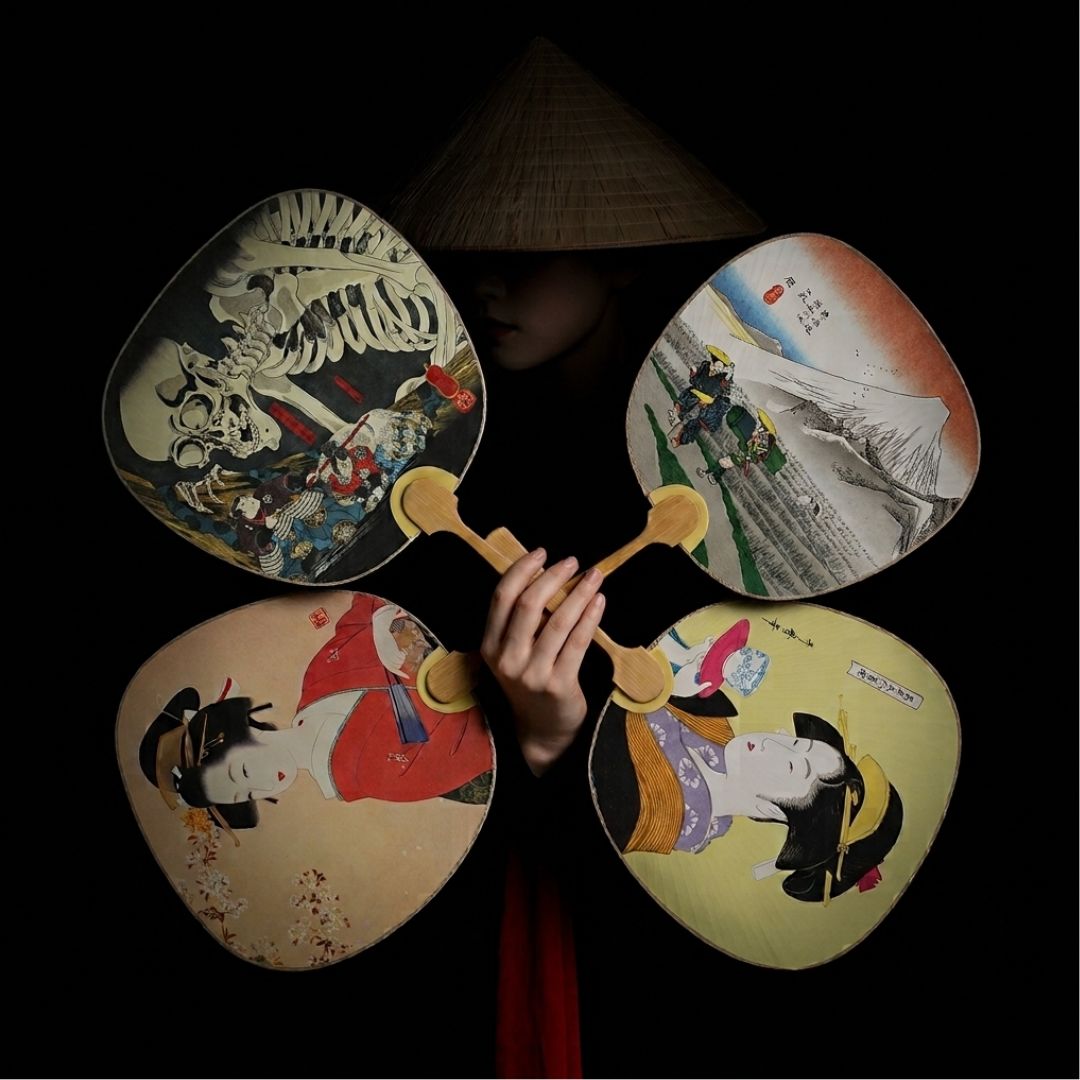 Éventails japonais en papier et bambou avec quatre motifs traditionnels, présentés devant un fond noir.
