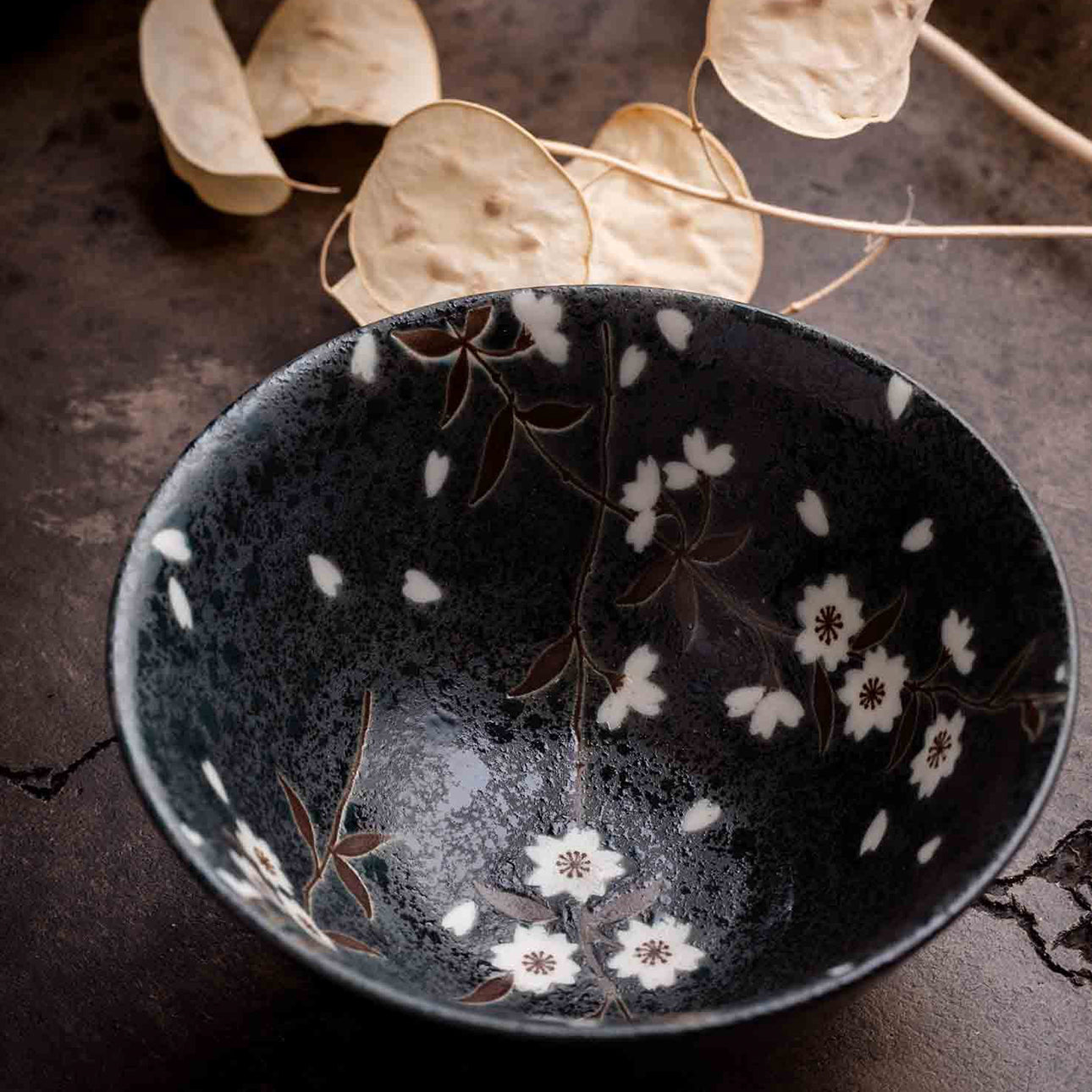 Japanese handicraft green sakura rice bowl