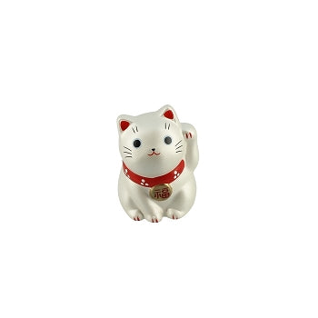 Petit Maneki Neko argent avec collier rouge.