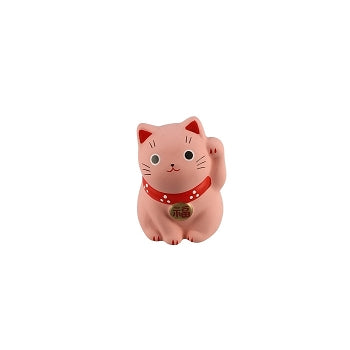 Petite statuette Maneki Neko rose avec patte levée.
